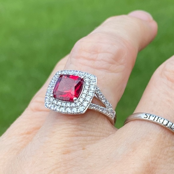 Simulated Ruby ring .925 Sterling Silver 10 mm Ruby surrounded 2 layers CZ sz 7 - Picture 7 of 16